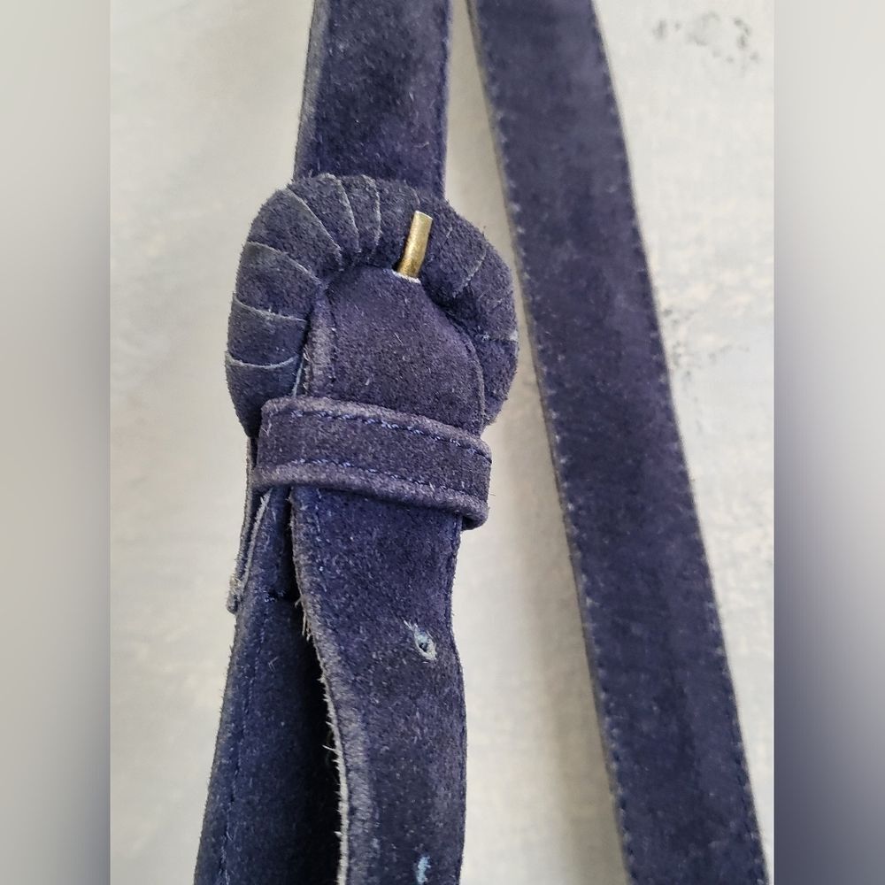 Ecote Blue Suede Side Fringe Cow Leather Bucket Sling Bag - Picture 2 of 15